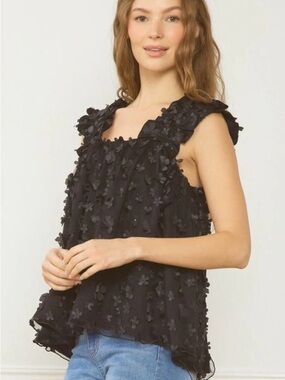 Blue Velvet Black 3D Floral Ruffle Strap Camisole NWT